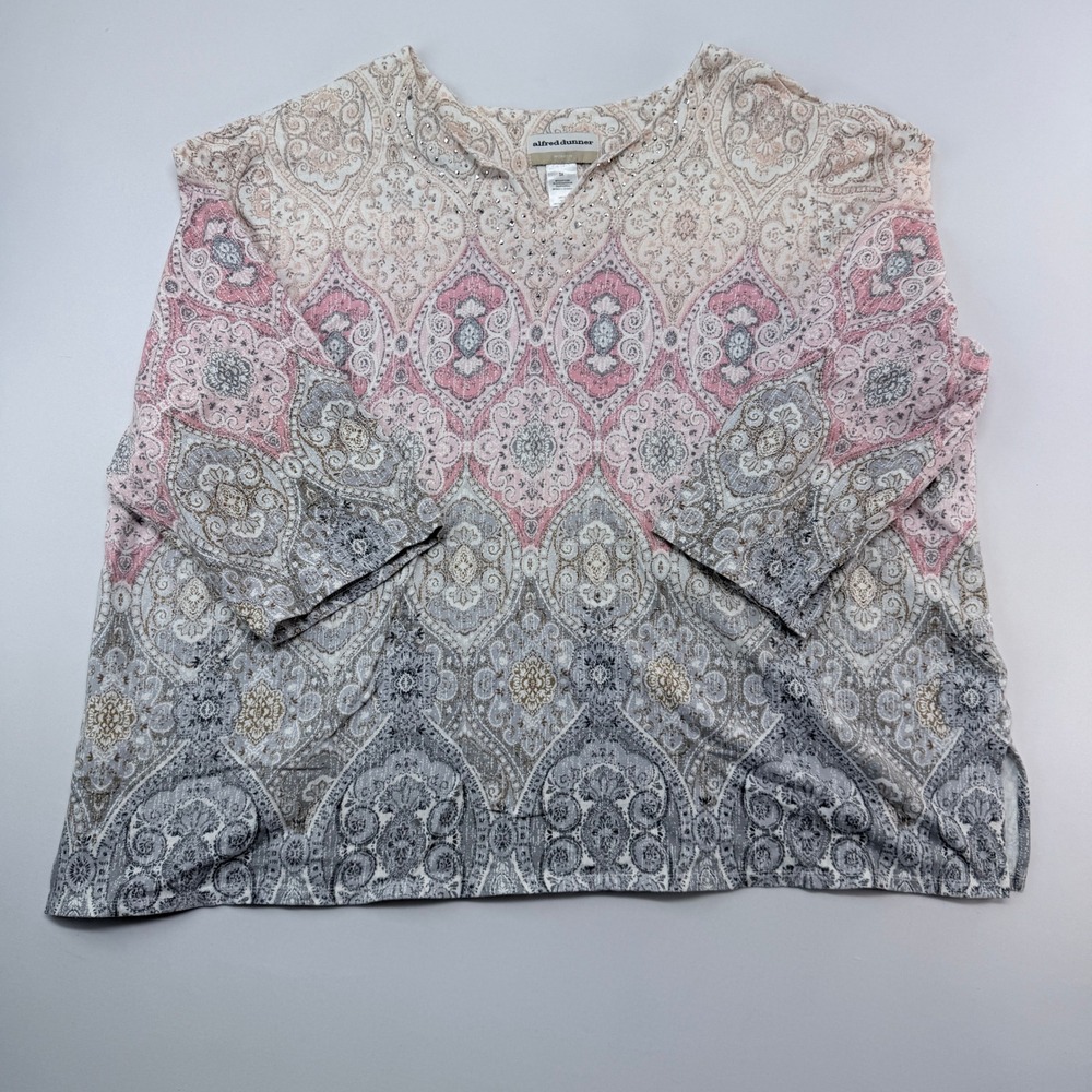 Alfred Dunner Woman 3X Pink Grey Paisley Rhinestone V-Neck 3/4 Sleeve Top